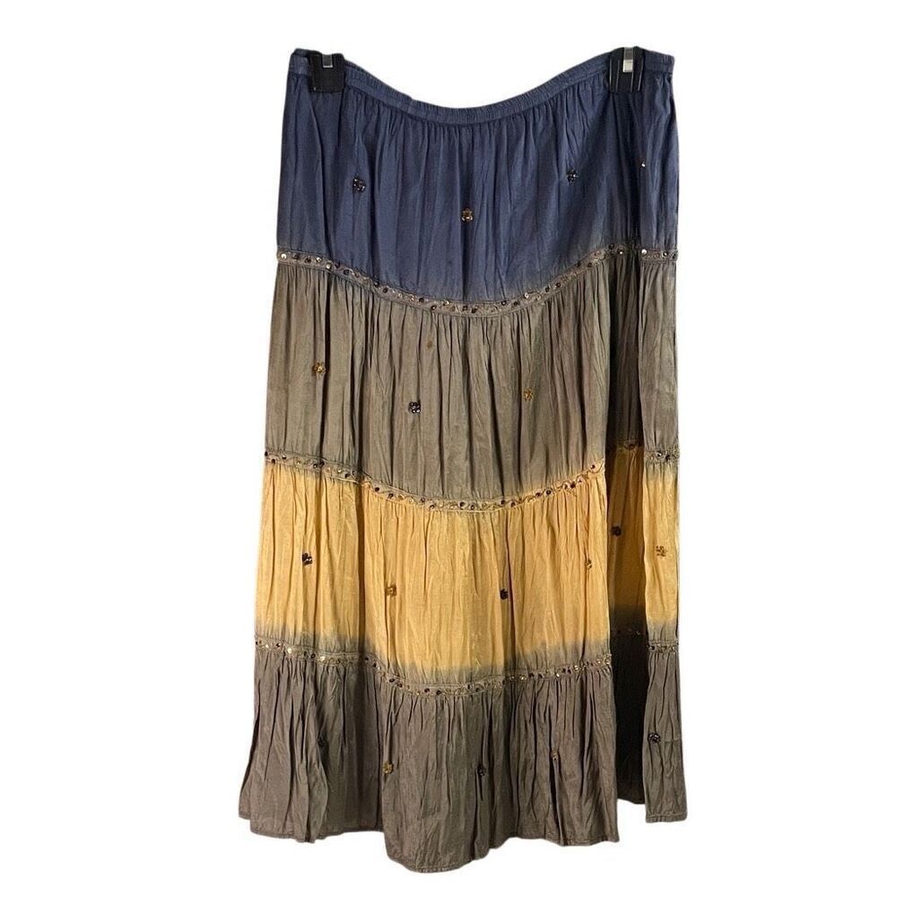 SAUCI Women’s Tiered Skirt Viscose Midi Size L 11-13 Boho Gypsy Sequin Beaded